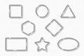 Set of silver frames on transparent background with shadow. Silver 3d realistic geometric borders in different shapes with glow